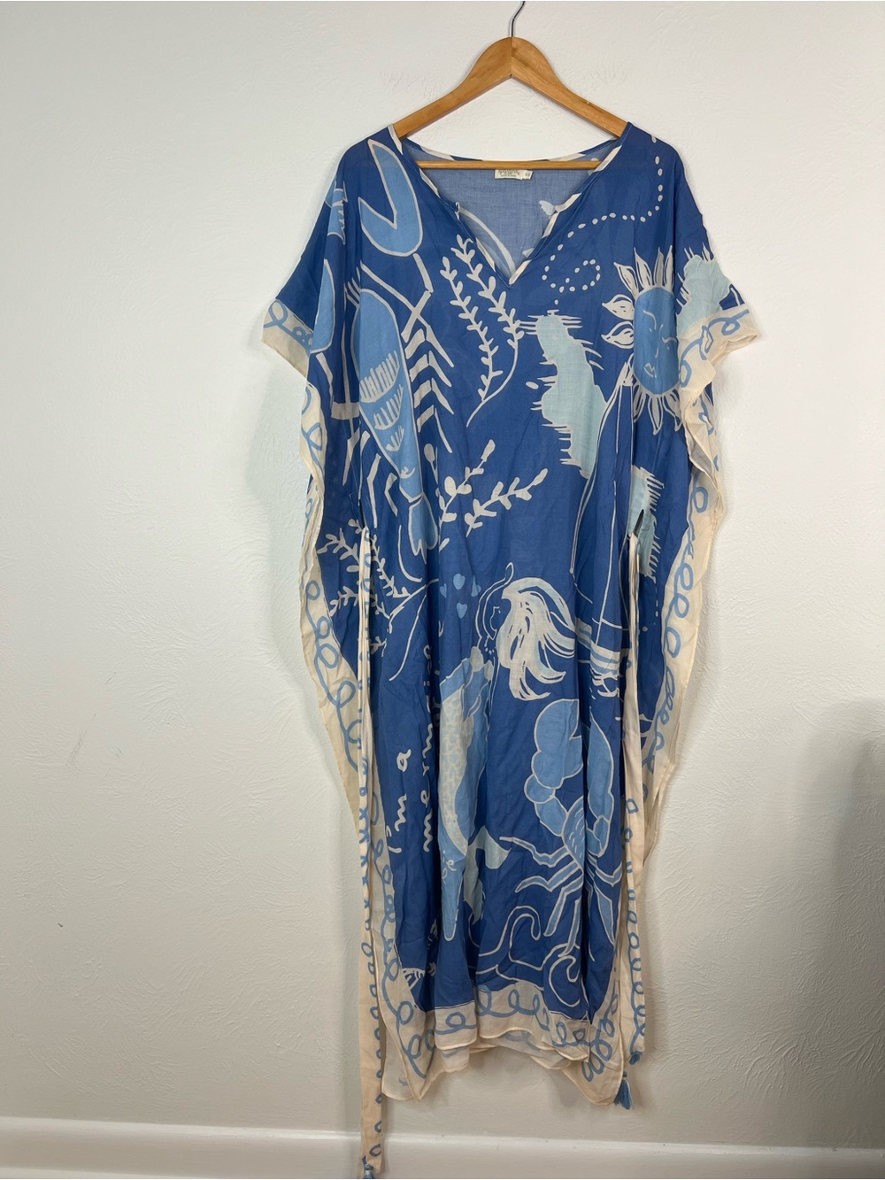 Spartina 449 Moon Blue Floral Caftan Dress with Tie Waist Beach Cover Up O/S